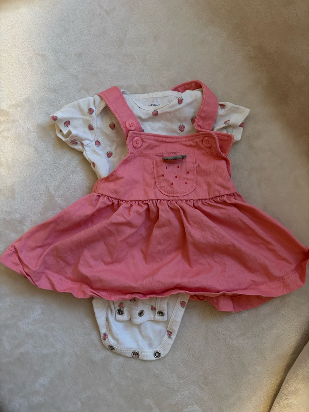 Carter's Pink Strawberry Overall Dress & Bodysuit Set 3M EUC
